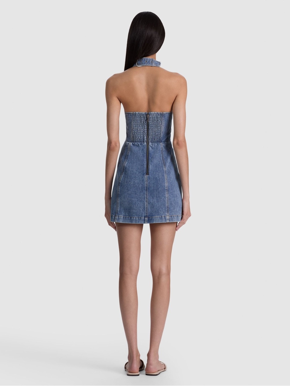 New Alice + Olivia SOLANA BUCKLE DENIM HALTER MINI DRESS - Picture 3 of 14